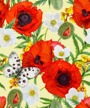 Çiçek deseni sorunsuz. Kırmızı parlak poppies, beyaz çiçekler anemon, yeşil yaprakları, kelebek.