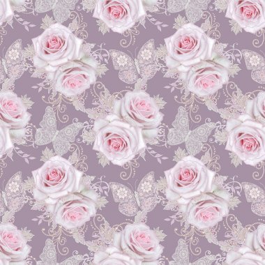 Seamless modeli. Dekoratif dekorasyon, desenli öğesi, narin gümüş yaprakları ince dantel ve inciler dokulu, iplik boncuklar, bud pastel pembe Gül, kuyumcu 's kelebek Ajur dokuma 