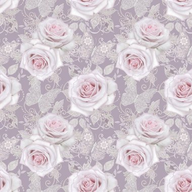 Seamless modeli. Dekoratif dekorasyon, desenli öğesi, narin gümüş yaprakları ince dantel ve inciler dokulu, iplik boncuklar, bud pastel pembe Gül, kuyumcu 's kelebek Ajur dokuma 