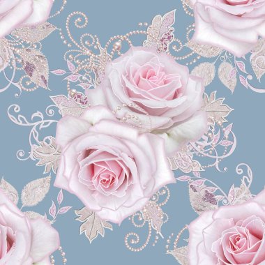 Seamless modeli. Dekoratif dekorasyon, desenli öğesi, hassas dokulu gümüş yaprakları yapılmış ince dantel ve inciler, iplik boncuklar, pastel pembe Gül ahbap. Hassas dokuma Ajur.