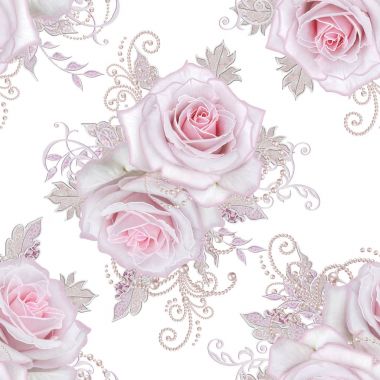 Seamless modeli. Dekoratif dekorasyon, desenli öğesi, hassas dokulu gümüş yaprakları yapılmış ince dantel ve inciler, iplik boncuklar, pastel pembe Gül ahbap. Hassas dokuma Ajur.
