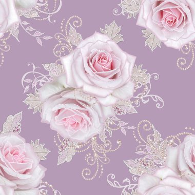 Seamless modeli. Dekoratif dekorasyon, desenli öğesi, hassas dokulu gümüş yaprakları yapılmış ince dantel ve inciler, iplik boncuklar, pastel pembe Gül ahbap. Hassas dokuma Ajur.
