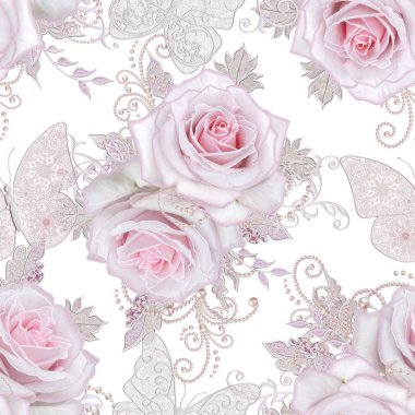 Seamless modeli. Dekoratif dekorasyon, desenli öğesi, narin gümüş yaprakları ince dantel ve inciler dokulu, iplik boncuklar, bud pastel pembe Gül, kuyumcu 's kelebek Ajur dokuma 