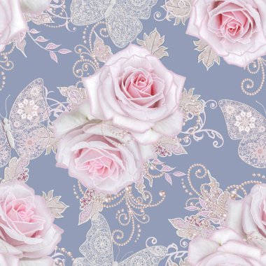 Seamless modeli. Dekoratif dekorasyon, desenli öğesi, narin gümüş yaprakları ince dantel ve inciler dokulu, iplik boncuklar, bud pastel pembe Gül, kuyumcu 's kelebek Ajur dokuma 