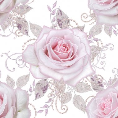 Seamless modeli. Dekoratif dekorasyon, desenli öğesi, hassas dokulu gümüş yaprakları yapılmış ince dantel ve inciler, iplik boncuklar, pastel pembe Gül ahbap. Hassas dokuma Ajur.