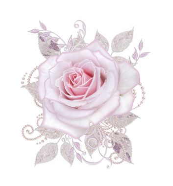 Dekoratif dekorasyon, desenli eleman, hassas dokulu gümüş yaprakları yapılmış güzel dantel ve inci. Mücevherli parlak bukleler, boncuklar, iş parçacığından pastel pembe Gül ahbap. Hassas dokuma Ajur