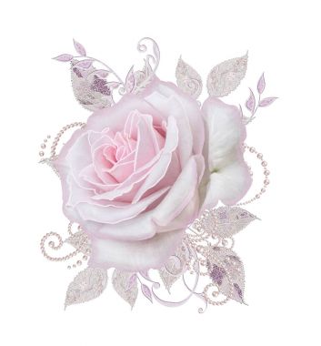 Dekoratif dekorasyon, desenli eleman, hassas dokulu gümüş yaprakları yapılmış güzel dantel ve inci. Mücevherli parlak bukleler, boncuklar, iş parçacığından pastel pembe Gül ahbap. Hassas dokuma Ajur