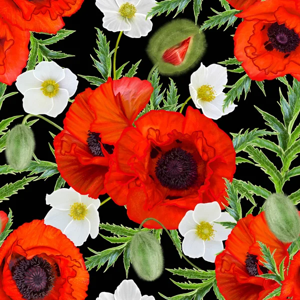 Virágmintás Varrat Nélküli Világos Piros Pipacs Fehér Virágok Virágállatok Zöld — Stock Fotó