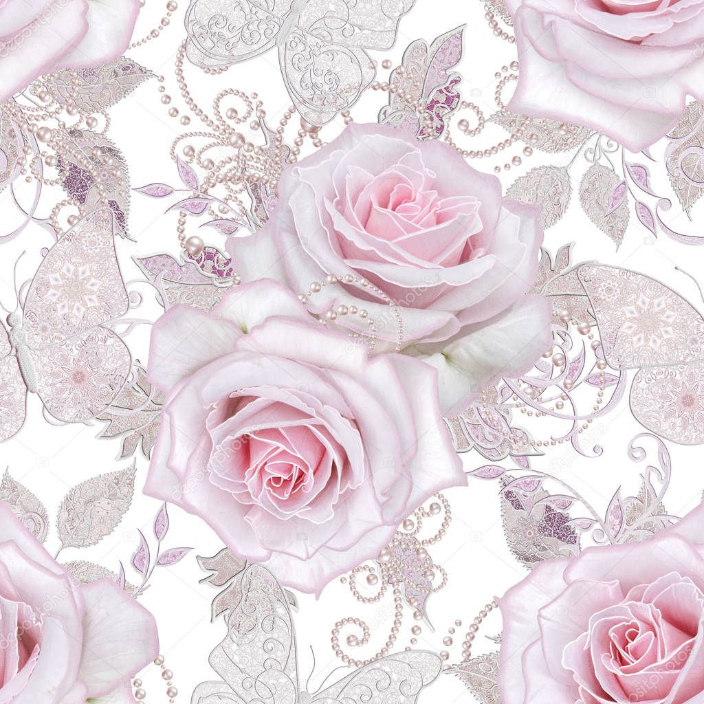 Seamless pattern. Decorative decoration, paisley element, delicate textured silver leaves made of thin lace and pearls, thread of beads, bud pastel pink rose, jeweler's butterfly Openwork weaving 
