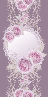 Seamless modeli. Dekoratif dekorasyon, desenli öğesi, hassas dokulu gümüş yaprakları yapılmış ince dantel ve inciler, iplik boncuklar, pastel pembe Gül ahbap. Ajur dokuma. Yuvarlak gümüş doku dekoratif çerçeve