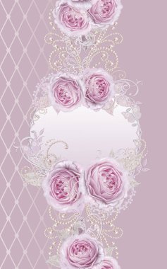 Seamless modeli. Dekoratif dekorasyon, desenli öğesi, hassas dokulu gümüş yaprakları yapılmış ince dantel ve inciler, iplik boncuklar, pastel pembe Gül ahbap. Ajur dokuma. Yuvarlak gümüş doku dekoratif çerçeve