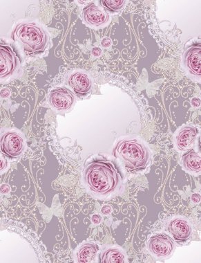 Seamless modeli. Dekoratif dekorasyon, desenli öğesi, hassas dokulu gümüş yaprakları yapılmış ince dantel ve inciler, iplik boncuklar, pastel pembe Gül ahbap. Ajur dokuma. Yuvarlak gümüş doku dekoratif çerçeve