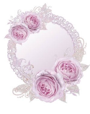 Güzel dantel ve inciler Jeweled parlak bukleler iş parçacığından boncuk bud pastel pembe Gül Oval inci çerçeve Vintage kartpostal davet dekorasyon dekoratif desenli öğe hassas dokulu gümüş yaprakları yapılmış