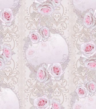 Seamless modeli. Dekoratif dekorasyon, desenli öğesi, hassas dokulu gümüş yaprakları yapılmış ince dantel ve inciler, iplik boncuklar, pastel pembe Gül ahbap. Ajur dokuma 