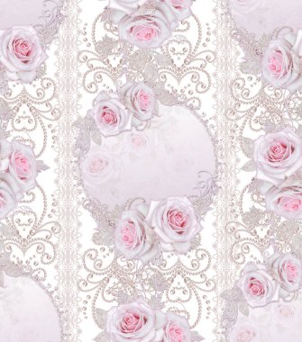 Seamless modeli. Dekoratif dekorasyon, desenli öğesi, hassas dokulu gümüş yaprakları yapılmış ince dantel ve inciler, iplik boncuklar, pastel pembe Gül ahbap. Ajur dokuma 
