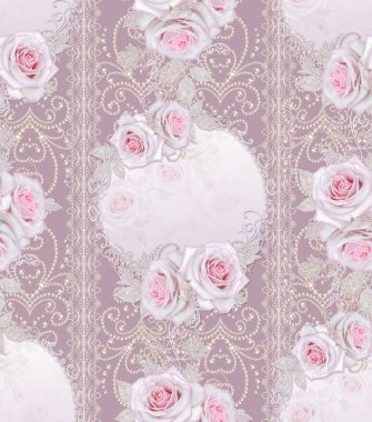 Seamless modeli. Dekoratif dekorasyon, desenli öğesi, hassas dokulu gümüş yaprakları yapılmış ince dantel ve inciler, iplik boncuklar, pastel pembe Gül ahbap. Ajur dokuma 