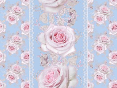 Seamless modeli. Dekoratif dekorasyon, desenli öğesi, hassas dokulu gümüş yaprakları yapılmış ince dantel ve inciler, iplik boncuklar, pastel pembe Gül ahbap. Ajur dokuma 