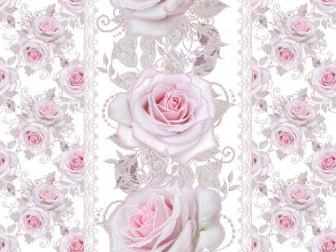 Seamless modeli. Dekoratif dekorasyon, desenli öğesi, hassas dokulu gümüş yaprakları yapılmış ince dantel ve inciler, iplik boncuklar, pastel pembe Gül ahbap. Ajur dokuma 