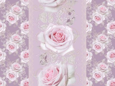 Seamless modeli. Dekoratif dekorasyon, desenli öğesi, hassas dokulu gümüş yaprakları yapılmış ince dantel ve inciler, iplik boncuklar, pastel pembe Gül ahbap. Ajur dokuma 