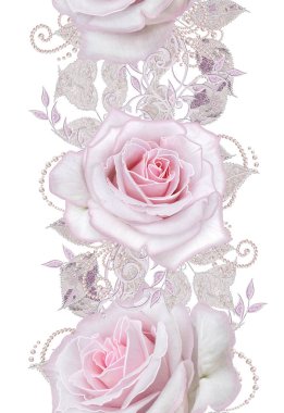 Seamless modeli. Dekoratif dekorasyon, desenli öğesi, hassas dokulu gümüş yaprakları yapılmış ince dantel ve inciler, iplik boncuklar, pastel pembe Gül ahbap. Ajur dokuma 