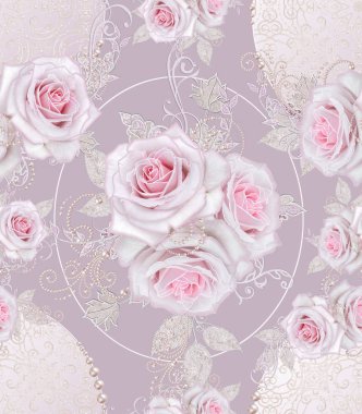 Seamless modeli. Dekoratif dekorasyon, desenli öğesi, hassas dokulu gümüş yaprakları yapılmış ince dantel ve inciler, iplik boncuklar, pastel pembe Gül ahbap. Ajur dokuma 