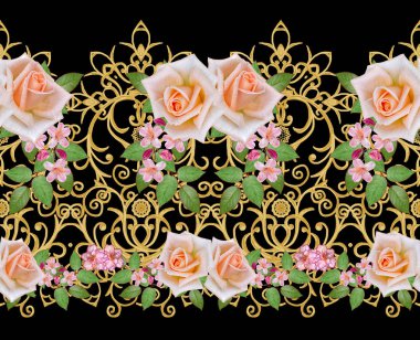 Garland, hassas turuncu gül, parlak pembe çiçek buketi. Seamless modeli. Altın dokulu bukleler. Oryantal tarzı Arabesk. Parlak dantel. Hassas dokuma Ajur.