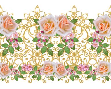 Garland, hassas turuncu gül, parlak pembe çiçek buketi. Seamless modeli. Altın dokulu bukleler. Oryantal tarzı Arabesk. Parlak dantel. Hassas dokuma Ajur.