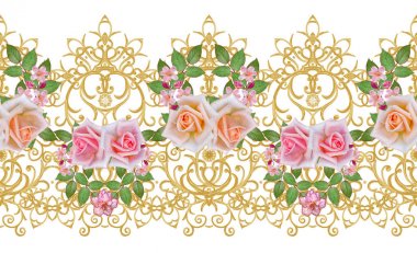 Garland, hassas turuncu gül, parlak pembe çiçek buketi. Seamless modeli. Altın dokulu bukleler. Oryantal tarzı Arabesk. Parlak dantel. Hassas dokuma Ajur.