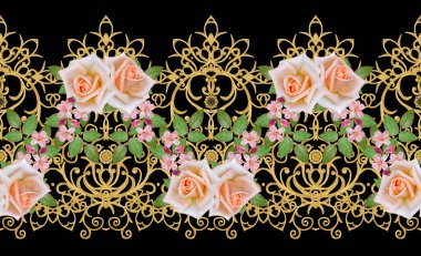 Garland, hassas turuncu gül, parlak pembe çiçek buketi. Seamless modeli. Altın dokulu bukleler. Oryantal tarzı Arabesk. Parlak dantel. Hassas dokuma Ajur.