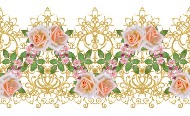 Garland, hassas turuncu gül, parlak pembe çiçek buketi. Seamless modeli. Altın dokulu bukleler. Oryantal tarzı Arabesk. Parlak dantel. Hassas dokuma Ajur.