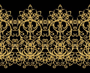 Seamless modeli. Altın dokulu bukleler. Oryantal tarzı Arabesk. Parlak dantel, stilize çiçekler. Narin, altın arka plan dokuma Ajur.