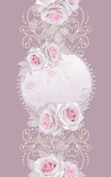 无缝模式 装饰装饰 佩斯利元素 细腻的纹理银叶制成的薄花边和珍珠 芽粉彩粉红色玫瑰 镂空织造 — 图库照片