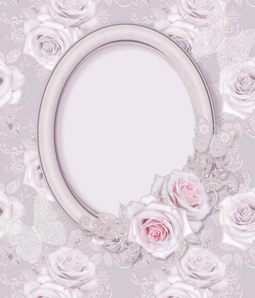Cadru Imagine Ovală Compoziția Florilor Trandafiri Roz Delicați Frunze Albe — Fotografie, imagine de stoc