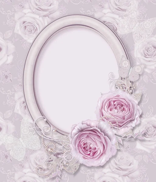 Oval picture frame. Flower composition of delicate pink roses, white leaves with elements of paisley, lacy curls, pearly bends.