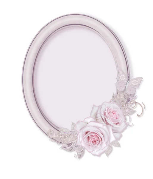 Ovale Afbeeldingsframe Bloem Samenstelling Van Delicate Roze Rozen Witte Bladeren — Stockfoto