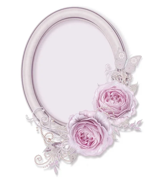 Cornice Ovale Composizione Floreale Delicate Rose Rosa Foglie Bianche Con — Foto Stock