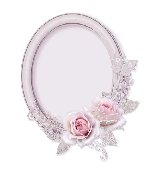 Ovale Afbeeldingsframe Bloem Samenstelling Van Delicate Roze Rozen Witte Bladeren — Stockfoto