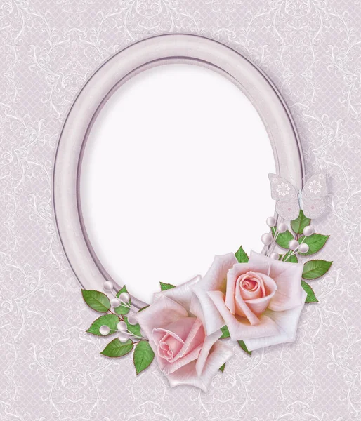 Cornice Ovale Composizione Floreale Delicate Rose Rosa Foglie Bianche Con — Foto Stock