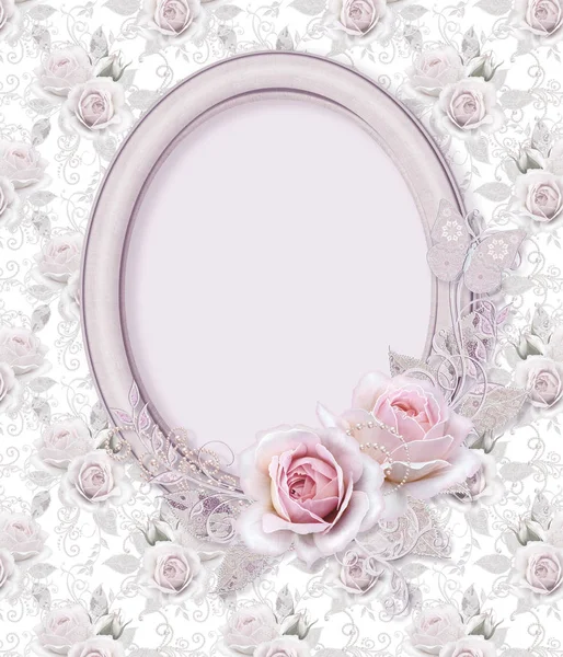 Ramka Owalna Kompozycja Kwiat Delikatny Róż Biały Pozostawia Elementami Paisley — Zdjęcie stockowe