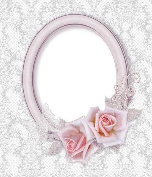 Овальна Рамка Зображення Квіткова Композиція Ніжних Рожевих Троянд Біле Листя — стокове фото