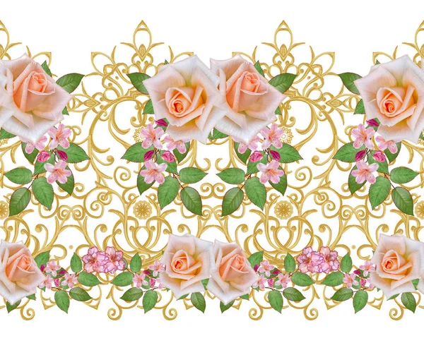 Ghirlanda Bouquet Delicate Rose Arancioni Fiori Rosa Brillante Schema Senza — Foto Stock