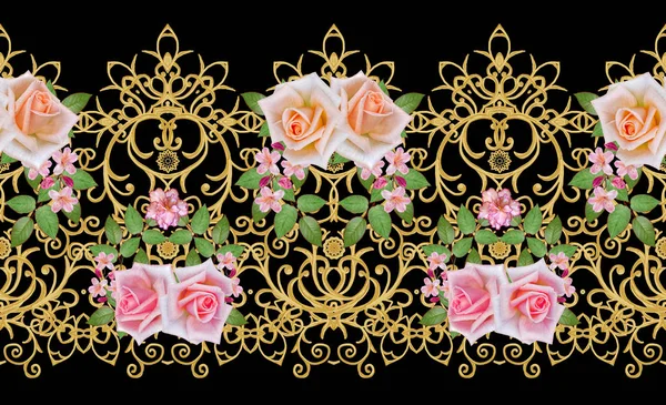 Гірлянди Букет Ажурними Помаранчеві Троянди Яскраві Рожеві Квіти Безшовні Візерунок — стокове фото