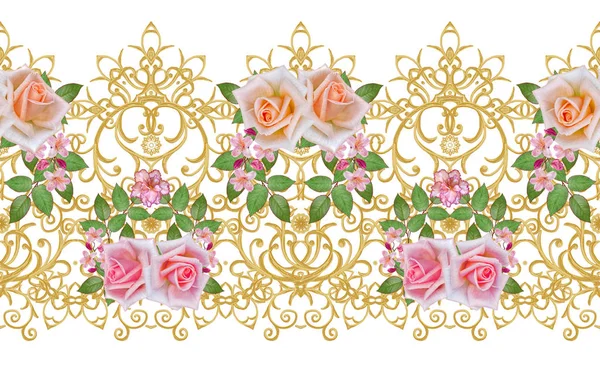 Гірлянди Букет Ажурними Помаранчеві Троянди Яскраві Рожеві Квіти Безшовні Візерунок — стокове фото