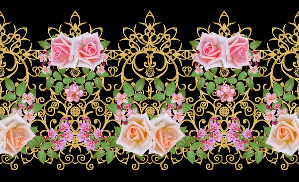 精致的橙玫瑰花束 明亮的粉红色的花朵 无缝模式 金色质感的卷发 东方风格的花纹 灿烂的花边 镂空编织精致 — 图库照片