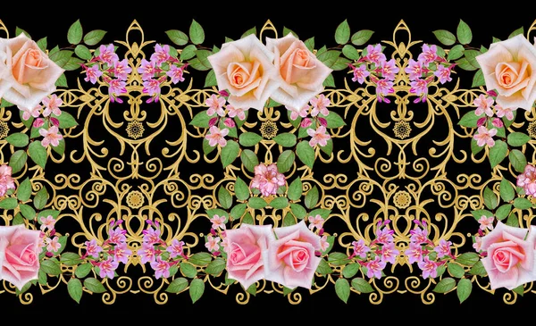 Garland Bouquet Delicate Orange Roses Bright Pink Flowers Seamless Pattern — Stock Photo, Image