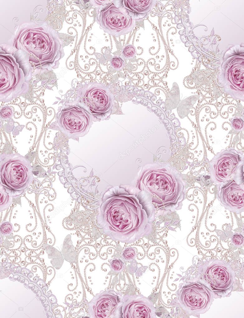 Seamless pattern. Decorative decoration, paisley element, delicate textured silver leaves made of thin lace and pearls, thread of beads, bud pastel pink rose. Openwork weaving. Round silver texture decorative frame