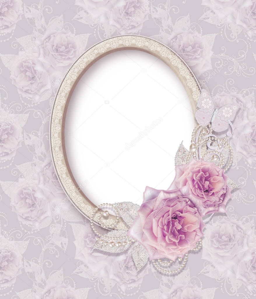 Oval picture frame. Flower composition of delicate pink roses, white leaves with elements of paisley, lacy curls, pearly bends.