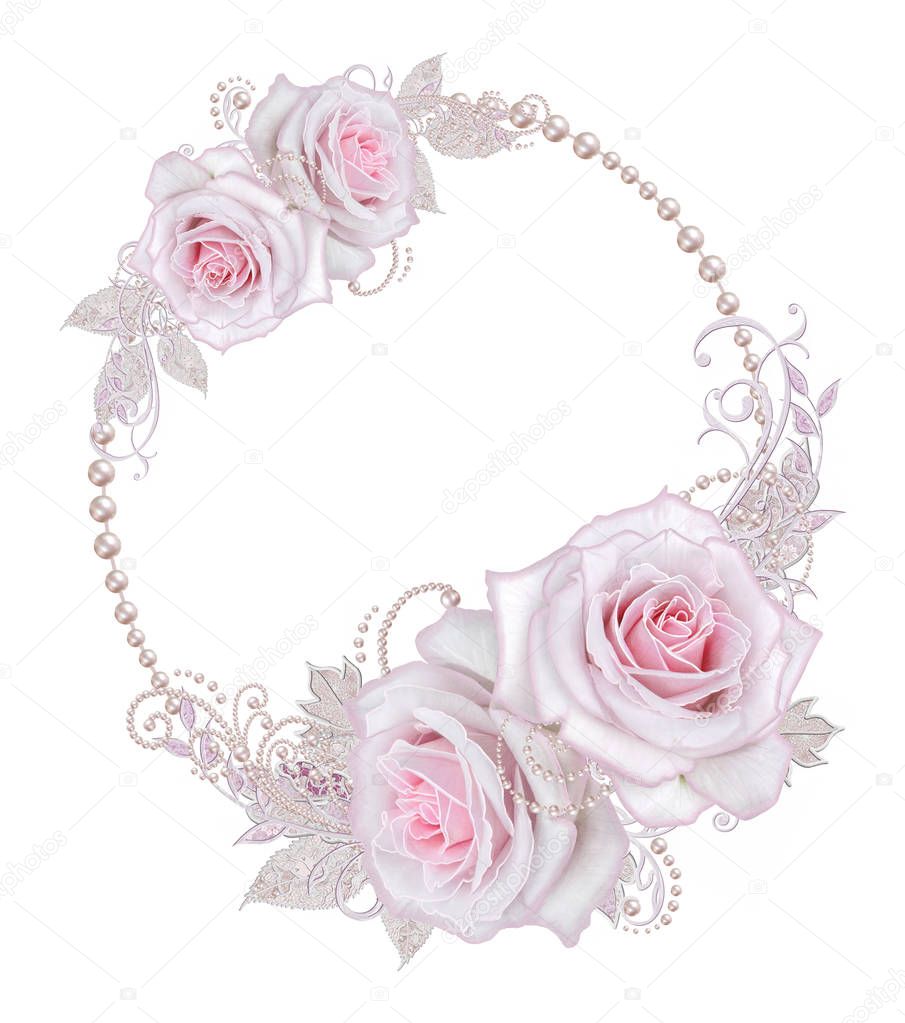 Decorative decoration, paisley element, delicate textured silver leaves made of fine lace and pearls. Jeweled shiny curls, thread from beads, bud pastel pink rose Oval pearl frame