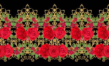 Garland, parlak kırmızı gül buketi parlak pembe çiçekler. Seamless modeli. Altın dokulu bukleler. Oryantal tarzı Arabesk. Parlak dantel. Hassas dokuma Ajur.