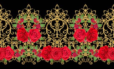 Garland, parlak kırmızı gül buketi parlak pembe çiçekler. Seamless modeli. Altın dokulu bukleler. Oryantal tarzı Arabesk. Parlak dantel. Hassas dokuma Ajur.